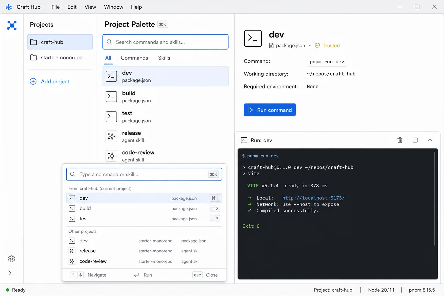 Craft Hub workbench showing projects, the command palette, and a running terminal